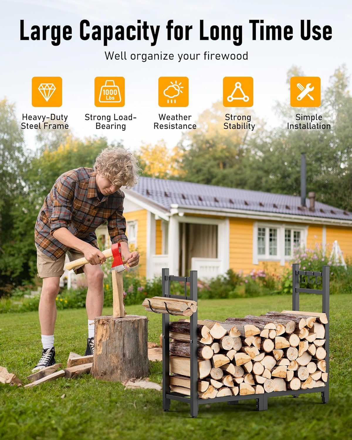 brightown-heavy-duty-firewood-rack-black-adjustable-feet-holds-1-4-face-cord-inc image 6